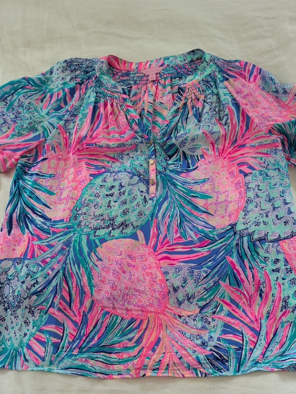 Lilly Pulitzer Vibrant Pineapple Print Elsa Blouse in Pink & Teal